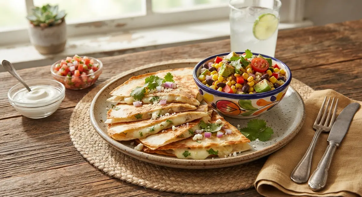 Crispy Cheese Quesadilla Wedges with Sweet Corn Salad